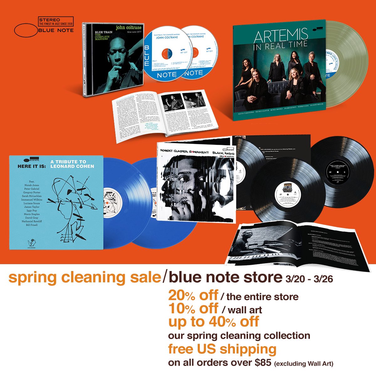 bluenoterecords's tweet photo. It's the last day of our Spring Cleaning Sale on the Blue Note Store! Get 20% off the entire store, 10% off wall art &amp; up to 40% off our Spring Cleaning Collection plus free U.S. shipping on orders over $85 (some exclusions apply): https://t.co/K3vc0lT1pR https://t.co/CVOkUsKg9c