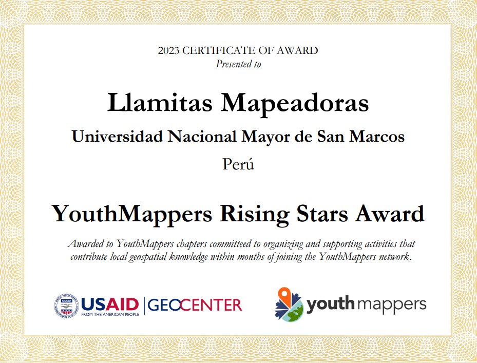 Hemos recibido el "Premio a las Estrellas en Ascenso YouthMappers", estamos contentos con nuestros avances en tan pocos meses. Se vienen muchos más proyectos!
🦙🗺️🔍