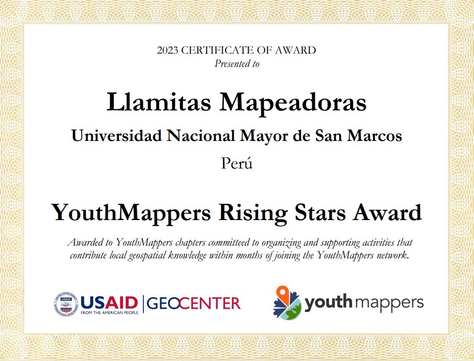 Hemos recibido el 'Premio a las Estrellas en Ascenso YouthMappers', estamos contentos con nuestros avances en tan pocos meses. Se vienen muchos más proyectos!
🦙🗺️🔍