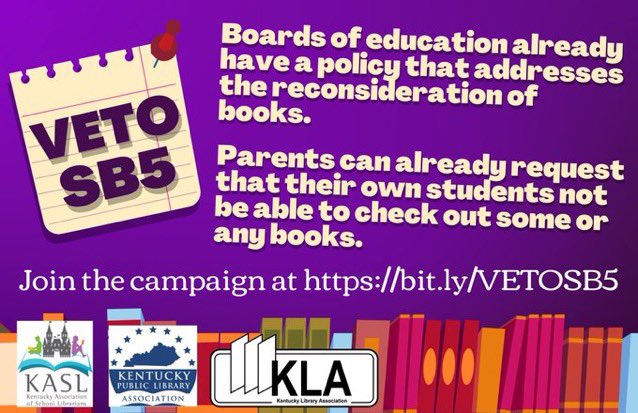 KY - SB 5 puts us on the path to the kind of book challenges Florida is currently experiencing. “Suitable” or “harmful” to minors as the basis for challenges WILL be abused. Join the KY Library Association’s campaign asking <a href="/GovAndyBeshear/">Governor Andy Beshear</a> to VETO SB 5 bit.ly/VETOSB5