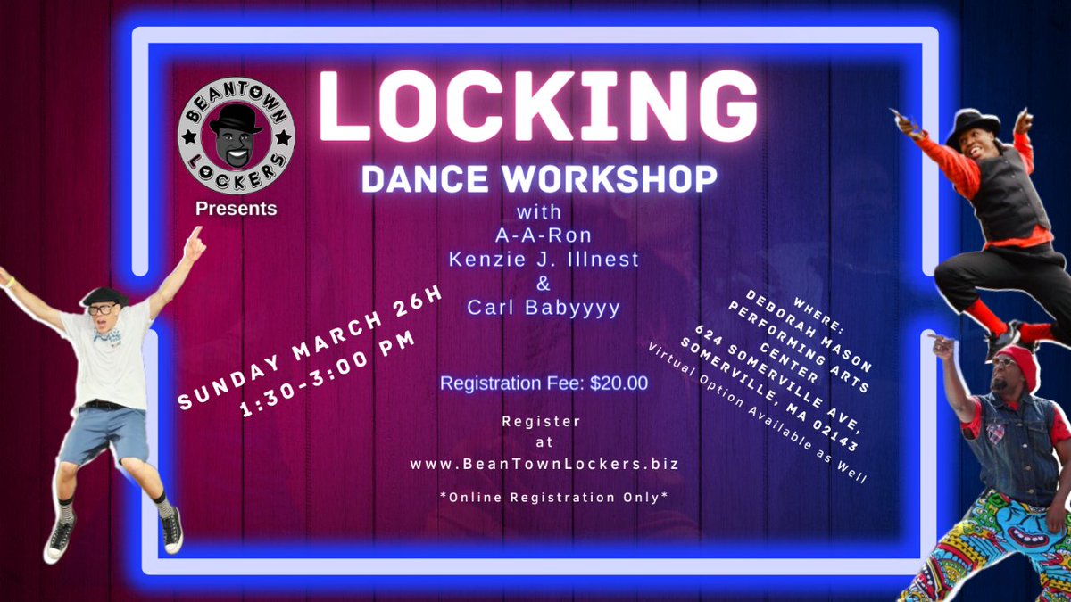 BeanTownLockers's tweet photo. Dance Lovers! Add Locking to your list of cool new skills with BeanTown Lockers' Locking Workshop presented by A-A-Ron, Kenzie J. Illnest, and Carl Alleyne. Discover the first street dance form today! Register at https://t.co/q2aqWt87FR @AaroMyer @KenzieJ_Illnest  #Locking https://t.co/kNL66GHf00
