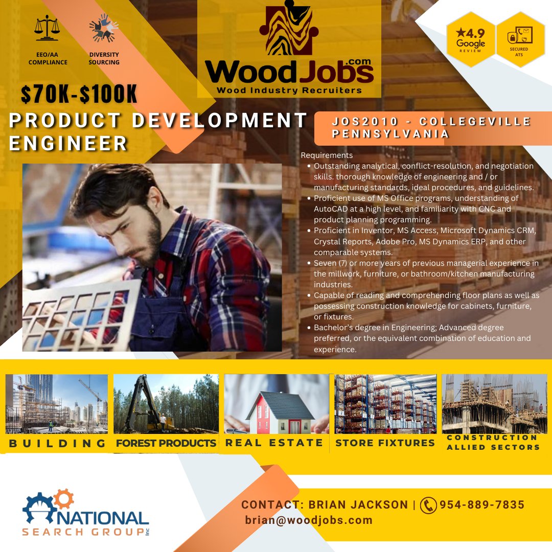 WoodJOBS's tweet photo. CONTACT: BRIAN JACKSON |  954-889-7835
 brian@woodjobs.com
#werehiring #hotjobs #productdevelopmentengineer #woodjobs #engineer #productdevelopment #jobsincollegeville #pennsylvaniajobs https://t.co/gPvAcEscF9