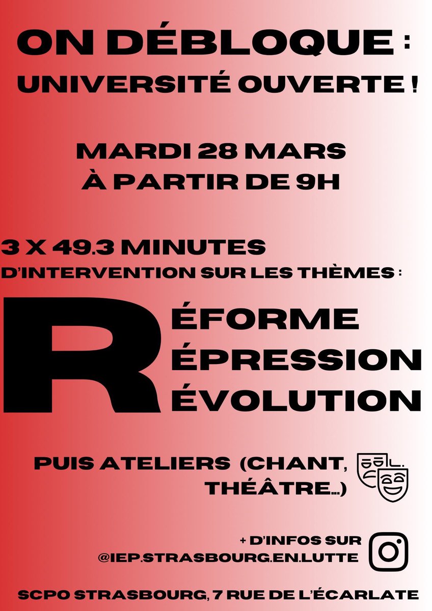 Le 28 mars à partir de 9h, c'est Université ouverte à l'IEP de Strasbourg, venez ! 
 
Nous demandons la banalisation de cette journée à la direction de <a href="/ScPo_Strasbourg/">Sciences Po Strasbourg</a>.