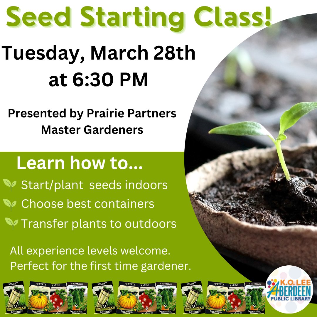 It's that season! Time to start your seeds! Join us for this fun presentation about seed starting from the  Prairie Partners Master Gardeners.

#prairiepartners
#mastergardeners
#seedstarting
#koleeaberdeenpubliclibrary