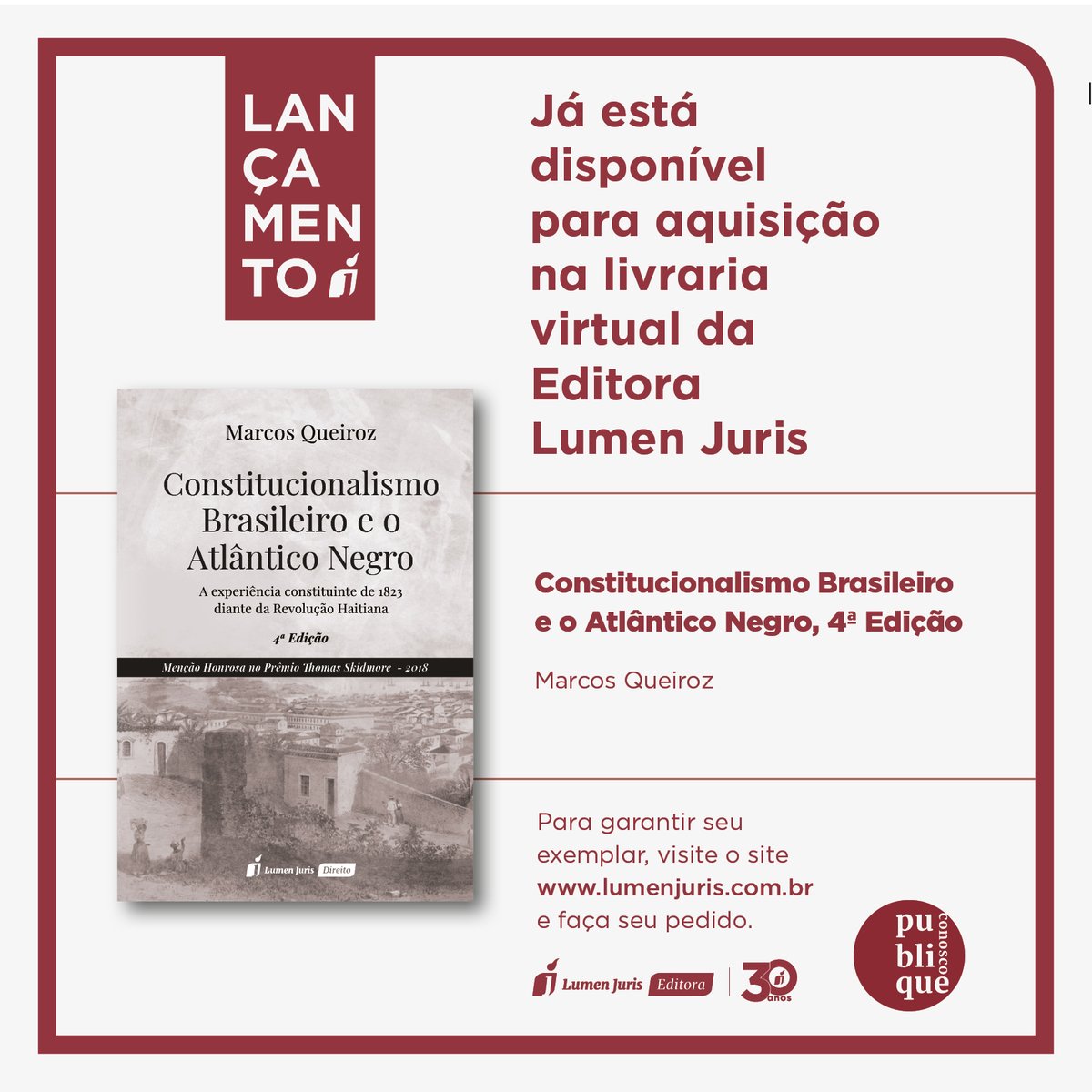 marcosvlqueiroz's tweet photo. Notícia boa na manhã de domingo! Já está à venda a quarta edição do livro Constitucionalismo Brasileiro e o Atlântico Negro. Que o livro continue navegando e gerando bons debates. E também contribua para as reflexões sobre o Bicentenário da Assembleia Constituinte de 1823. https://t.co/6iuIYouUqN