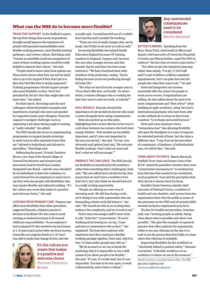 Workforce challenges have never been greater than now for the NHS.

<a href="/Garethiacobucci/">Gareth Iacobucci</a> writes here in the <a href="/bmj_latest/">The BMJ</a> about how we can improve the options for flexible working.

<a href="/fhussain73/">Farzana Hussain</a>, <a href="/SimonDGregory/">Simon Gregory</a>, <a href="/Thea_Stein/">Thea Stein</a> &amp; others at a <a href="/NuffieldTrust/">Nuffield Trust</a> summit debate possible solutions.