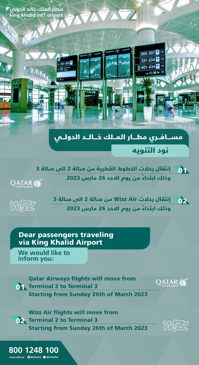 أعزائنا المسافرين عبر #مطار_الملك_خالد الدولي نود التنويه عن انتقال رحلات الخطوط القطرية و طيران ويز 

من الصالة الدولية 2 إلى الصالة الدولية 3 وذلك ابتداءً من اليوم الاحد ٢٦ مارس٢٠٢٣.

متمنين لكم رحلة سعيدة✈️
