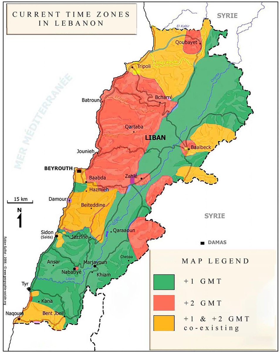 Aya_Isk's tweet photo. Lebanese Whatsapp groups on fire with jokes about the tiny country following two time zones, one adopted mostly by the gvt &amp; Muslims &amp; the other by Christians 🤦‍♀️

Sectarian leaders will find a way to  disagree on everything — including what time it is.

Map via @aciltab https://t.co/Pc6aIzfCk4