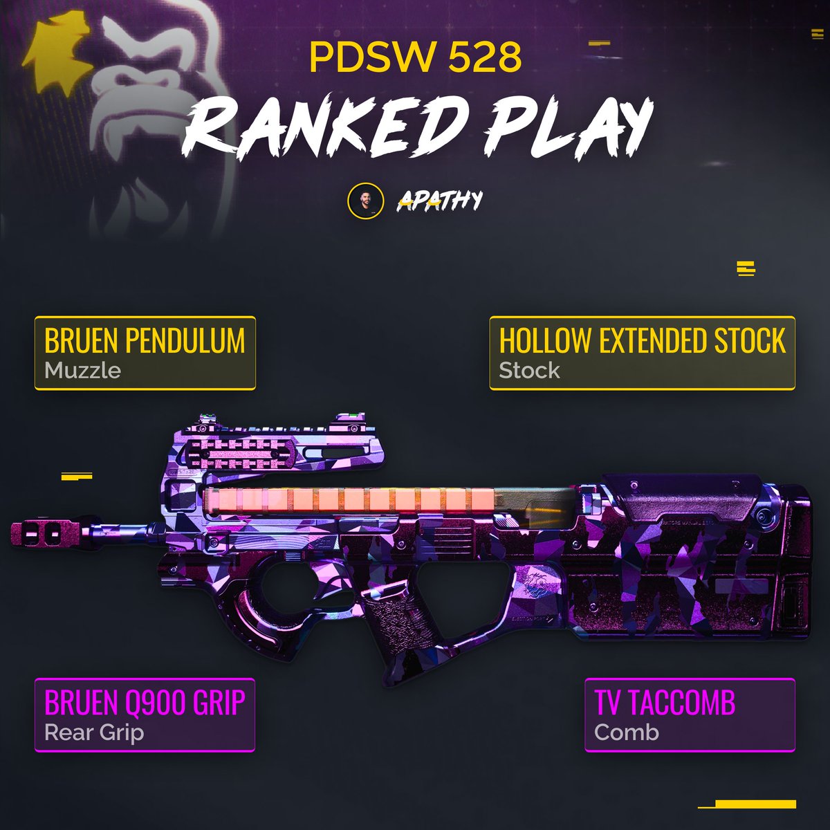 WZStatsGG's tweet photo. 🏆RANKED PLAY🏆

🥇The P90 has the fastest mobility #MWII's #RankedPlay!

🏃‍♂️This build will have you running & gunning your enemies down!

⚙️Build by our ⭐️Top Streamer⭐️ & #7 in the world @Apathy_BZ 🔥

🫵Want to be featured on our Top Streamers page on https://t.co/JP2l8S0DWC and get your own personalized profile with all your #Warzone2 & #ModernWarfare2 loadouts and get your own personalized loadout design like this?
Reach out to us on twitter! 🤝