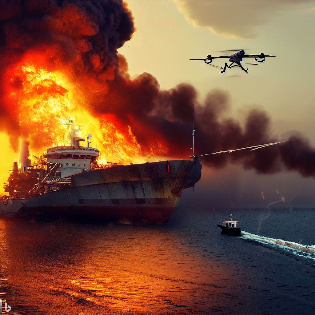 thecodejack's tweet image. ship is under fire and a ship which is working as a fire engine and a drone pouring water on the ship which is on fire     #bingimagecreator