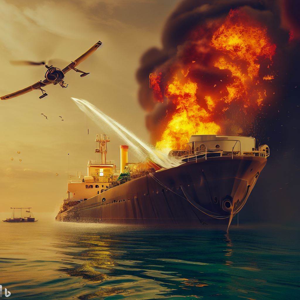 thecodejack's tweet image. ship is under fire and a ship which is working as a fire engine and a drone pouring water on the ship which is on fire     #bingimagecreator