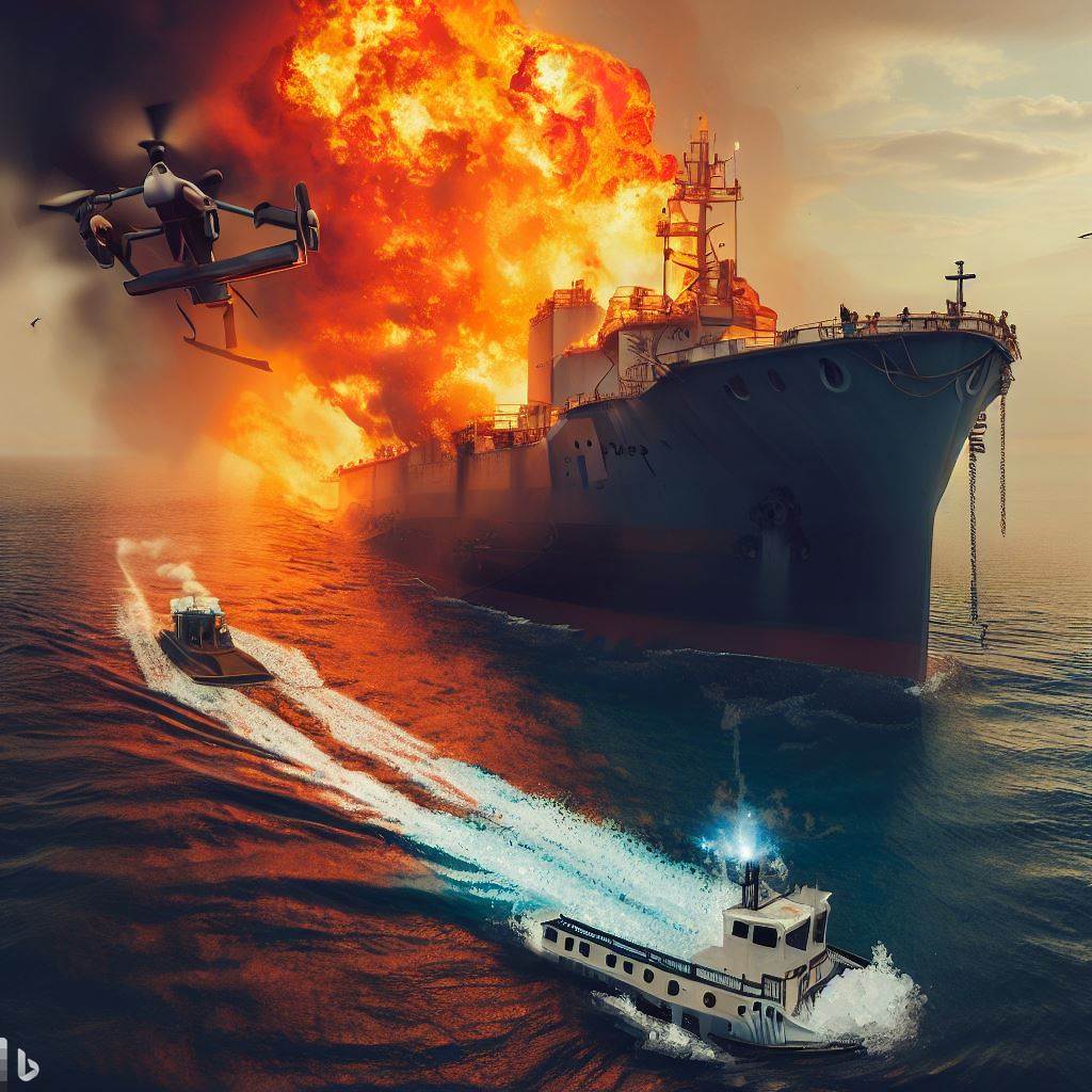 thecodejack's tweet image. ship is under fire and a ship which is working as a fire engine and a drone pouring water on the ship which is on fire     #bingimagecreator