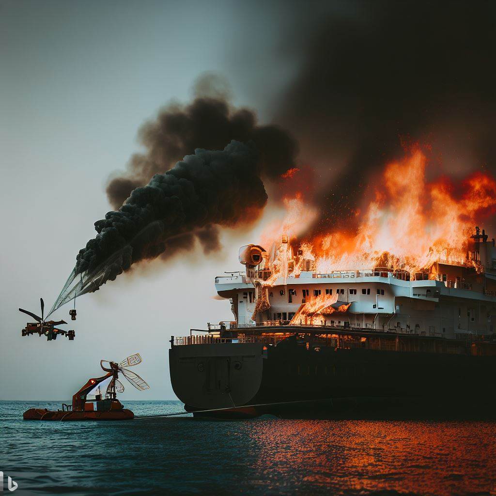 thecodejack's tweet image. ship is under fire and a ship which is working as a fire engine and a drone pouring water on the ship which is on fire     #bingimagecreator