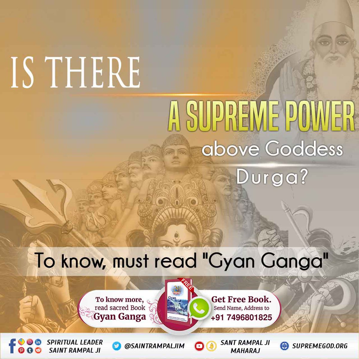 #UntoldStory_Of_GoddessDurga
▪️Whom does Goddess Durga worship? 

▪️Who is the Supreme God, who created this universe and the one and only god who himself is worshipped by all other Gods and Goddesses?

Must Read Sacred book Gyan Ganga (Written By <a href="/SaintRampalJiM/">Sant Rampal Ji Maharaj</a>
Ji) to get (1/2)