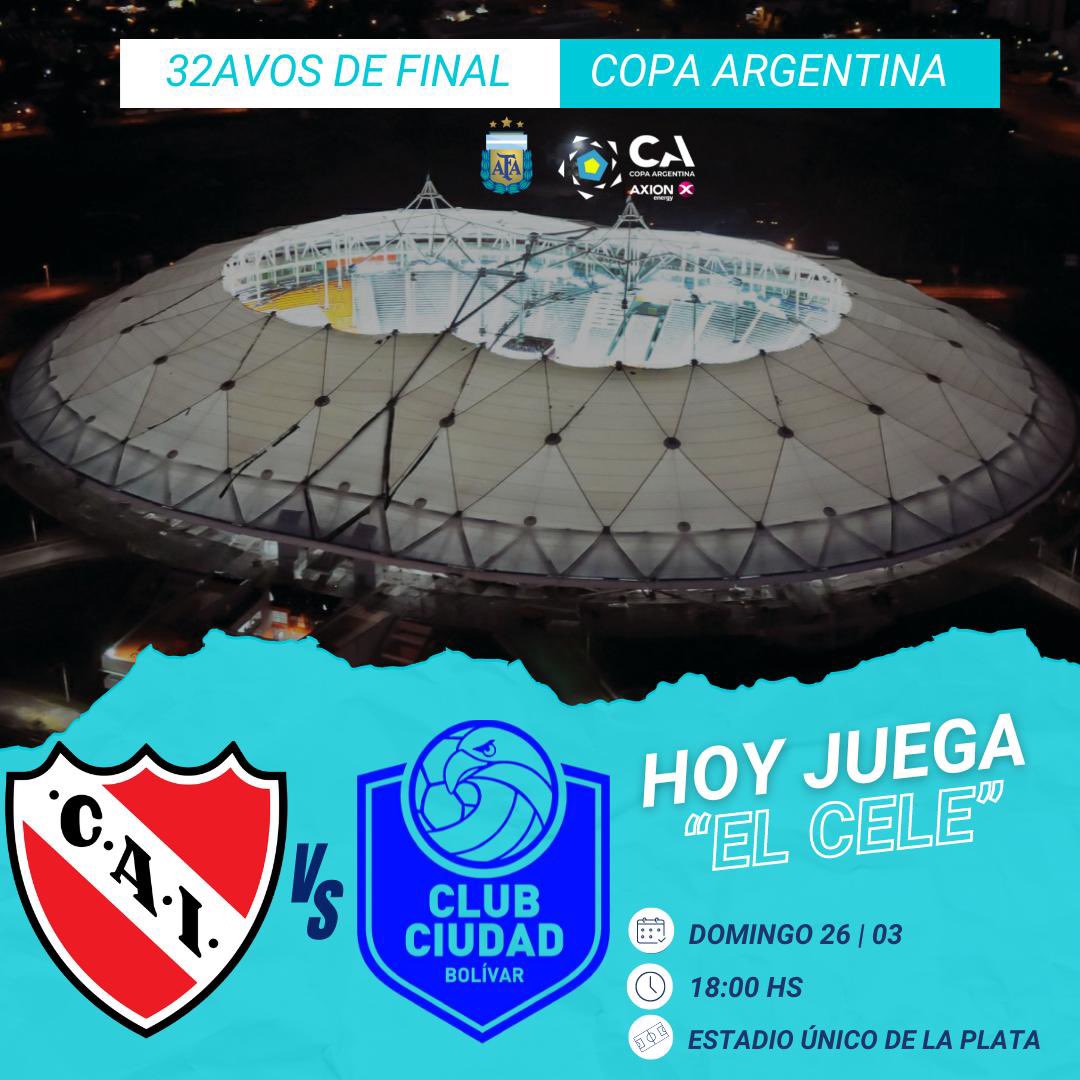 ClubCdBolivarOF's tweet photo. #copaargentinaaxionenergy ⚽️

📆 DOMINGO DE COPA 🏆

⌚️ 18 hs

🏟️ Único Diego Armado Maradona de 
  La Plata 

⚖️ Ariel Penel

📺 @tycsports 

🔵 #VamosCele💙 https://t.co/tnMPEemwYW