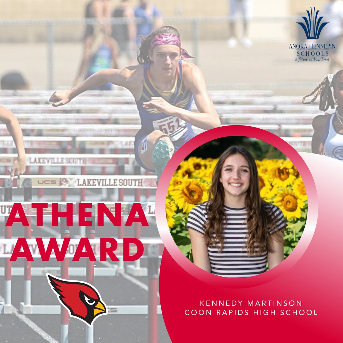 Congratulations to <a href="/CoonRapidsHS/">Coon Rapids HS</a> Athena Award winner Kennedy Martinson! She has been a member of the CRHS track and field team since eighth grade, where she has earned letters in multiple events for the Cardinals. Learn more about Martinson: bit.ly/3JIrSoi | #AHSchools
