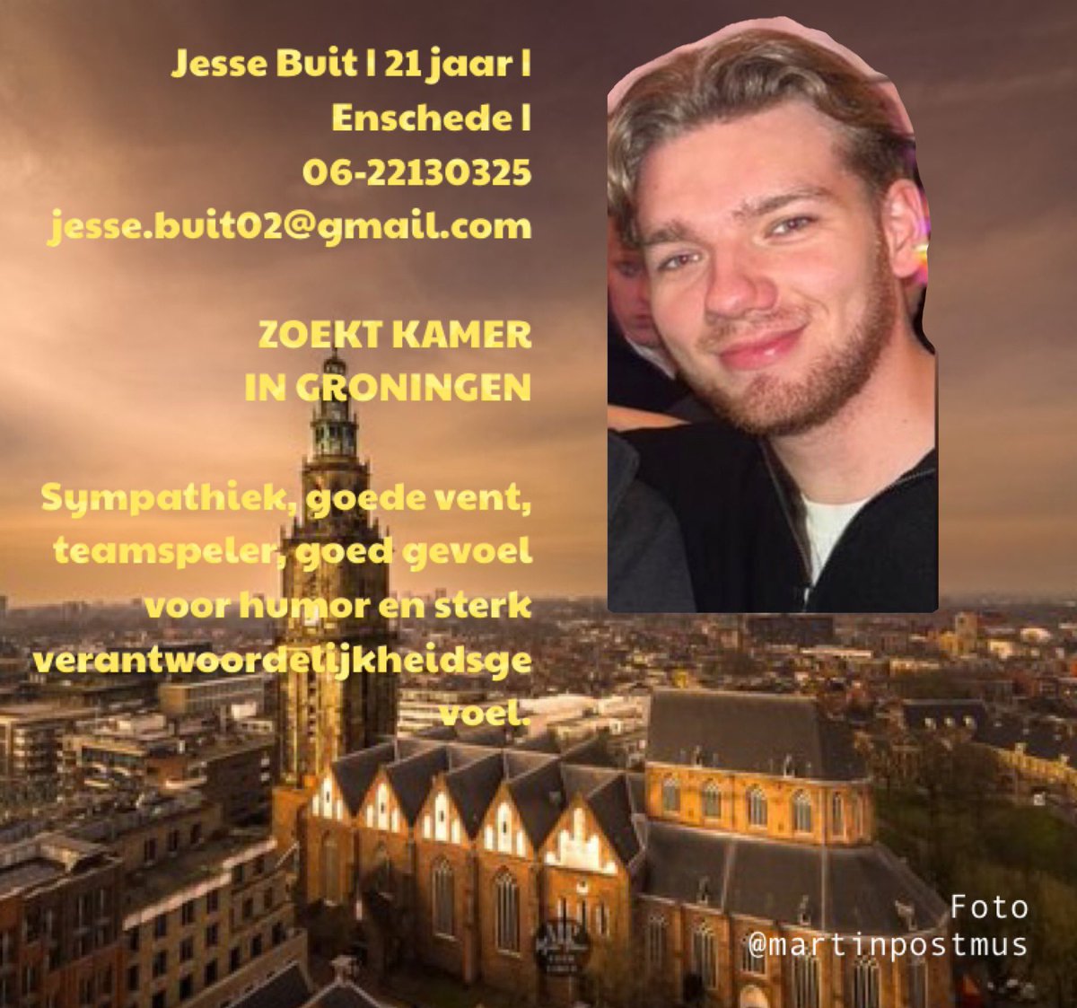 • Kamertje verder 😉

Eind juni sluit onze zoon Jesse zijn 4-jaar MBO studie af. Keuze ✅ gemaakt: #HBO | Commerciële Economie aan <a href="/hanze/">Hanze</a> 
#Groningen 💚 

En nu op zoek naar een #kamer 
Willen jullie svp delen? En 
uiteraard alle tips welkom 👍🏻

<a href="/Mooigrunnen/">Mooigrunnen®</a> <a href="/martinpostmus/">M@rtin 🇳🇱📸🎥🎬</a> ??