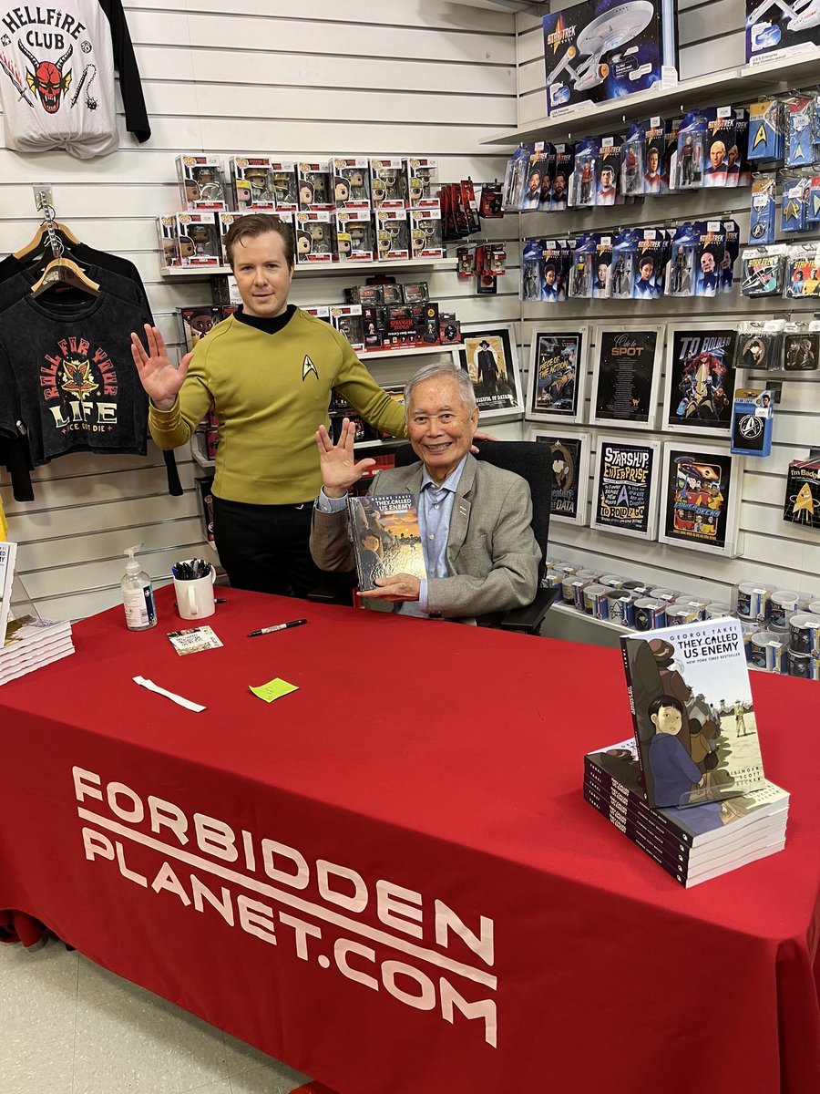 GeorgeTakei's tweet photo. Ed Zephry, a young Captain Kirk lookalike, flashed the Vulcan greeting at Forbidden Planet in London where I signed copies of my graphic memoir “They Called Us Enemy.” It was my day off from “George Takei’s Allegiance”—hey, that’s me!—at Charing Cross Theatre. Must close Apr. 8! https://t.co/WnXm5WXeIk