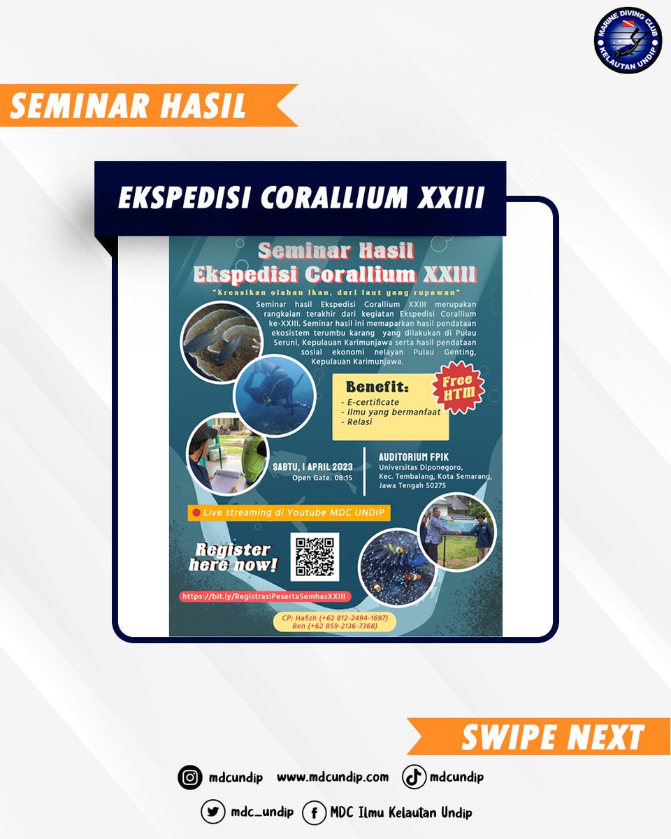 mdc_undip's tweet photo. [OPEN REGISTRATION SEMHAS EKSPEDISI CORALLIUM  🪸❗]

Hai buddies! 🐟
Kegiatan Ekspedisi Corallium kami masih berlanjut lho, jangan lupa daftar seminar kami buddies! 

Kreasikan Olahan Ikan, Dari Laut yang Rupawan 
Waspada Dira Anuraga

#MDCUndip #SemhasEkspedisiCoralliumXXIII https://t.co/QgtDJPrwKH