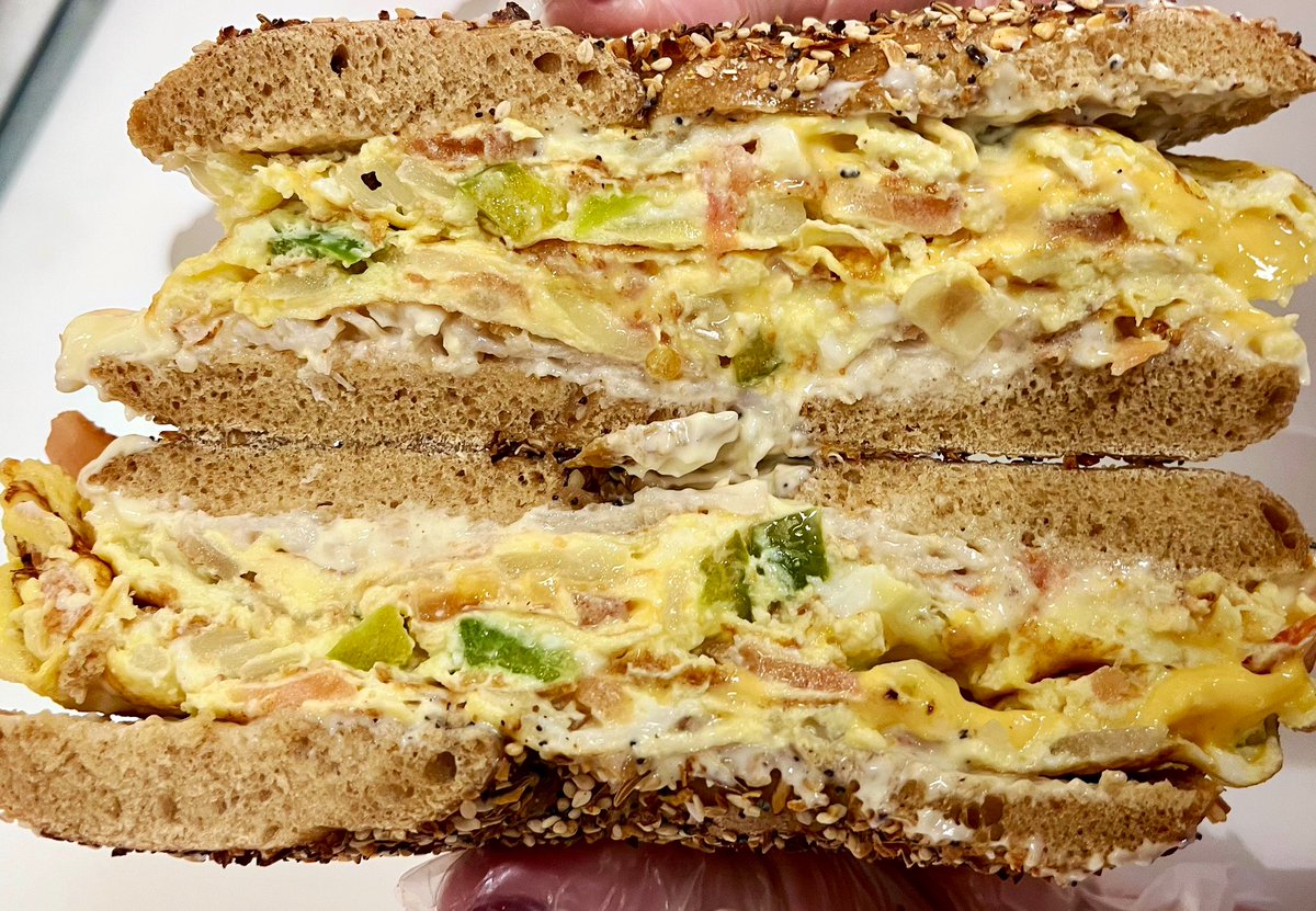 Whole Wheat Everything Flat with Eggs, American, Turkey, Onions, Tomatoes, Green Peppers &amp; Mayo!