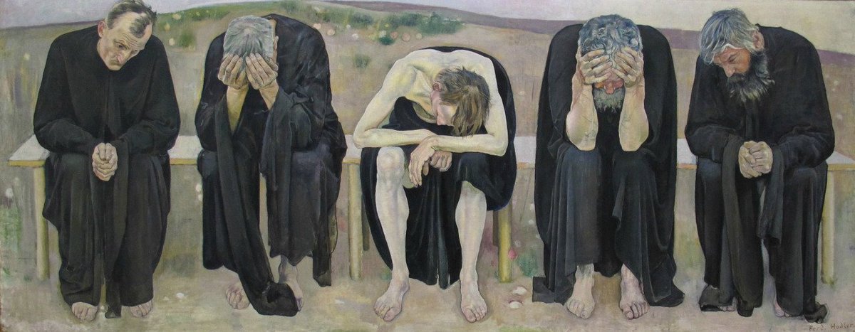 f_flaneur's tweet photo. “Ödevdi hepsi. Ama sen yeterli miydin ki? Bekleyişle dalgın değil miydin hep? —Yüce bir yazıt bunu yüklemedi mi omuzlarına?”  

                                                          —Duino Ağıtları, R. M. Rilke  

[🎨Ferdinand Hodler, 1892,  Hayal Kırıklığına Uğrayanlar] https://t.co/6FgMph4nVM