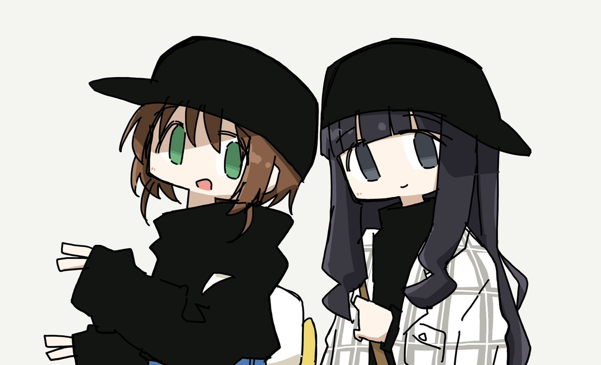 daidouji tomoyo ,kinomoto sakura multiple girls 2girls hat green eyes black hair black headwear smile  illustration images