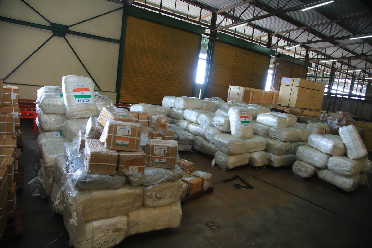 India_in_Malawi's tweet photo. High Commissioner S. Gopalakrishnan handed over the 1st tranche of GoI assistance of approx 80 tons of relief items to Hon Simplex Chithyola Minister of Trade &amp;  Industry today. The items consists blankets, tarpaulin, baby food, emergency medicines etc.
@MEAIndia
@IndianDiplomacy https://t.co/u12a9NVy2h