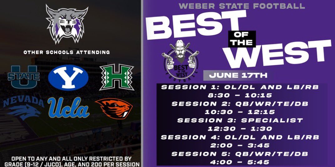 Going to be a great camp to learn and get reps!

📆June 17th
🏷️$80
Limited to the first 200 to sign up for each session.

camps.jumpforward.com/WSUfootballcam…