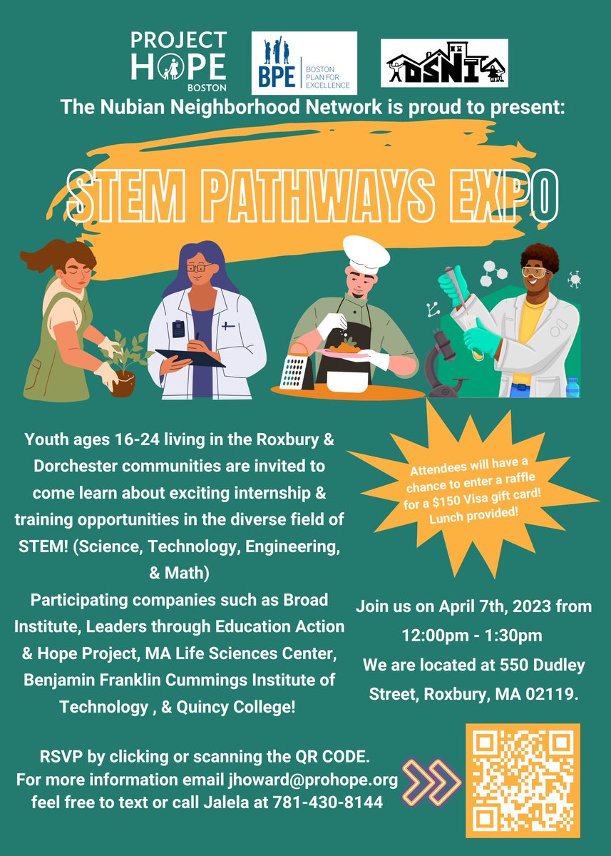 Project_Hope's tweet image. We are so excited to announce the STEM Pathways Expo event! We are encouraging youth ages 16-24 to join us on April 7th, 2023 to learn about invigorating internships and other STEM-related career opportunities in Boston! 🤩 
Register Here--&amp;gt;lnkd.in/eKTnSEeC