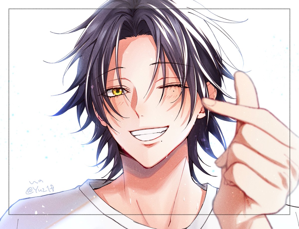 one eye closed 1boy male focus smile black hair yellow eyes mole  illustration images