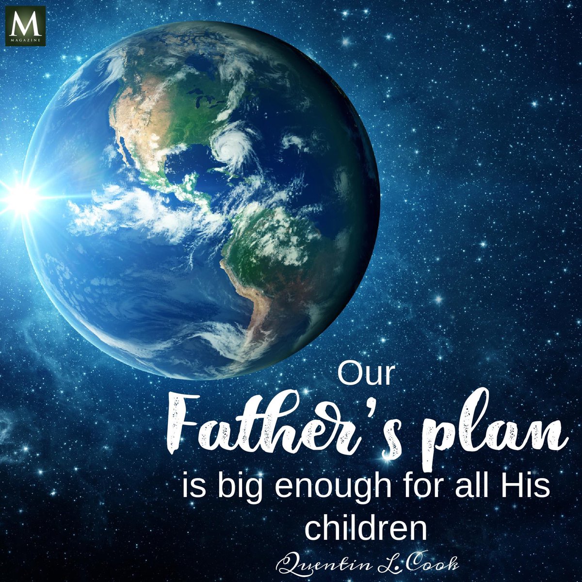 'Our Father’s plan is big enough for all His children.' ~ Elder Quentin L. Cook 

#TrustGod #ShareGoodness #HisDay #ChildrenOfGod #CountOnHim #WordOfGod #HearHim #ComeUntoChrist #BestDay #TheChurchOfJesusChristOfLatterDaySaints