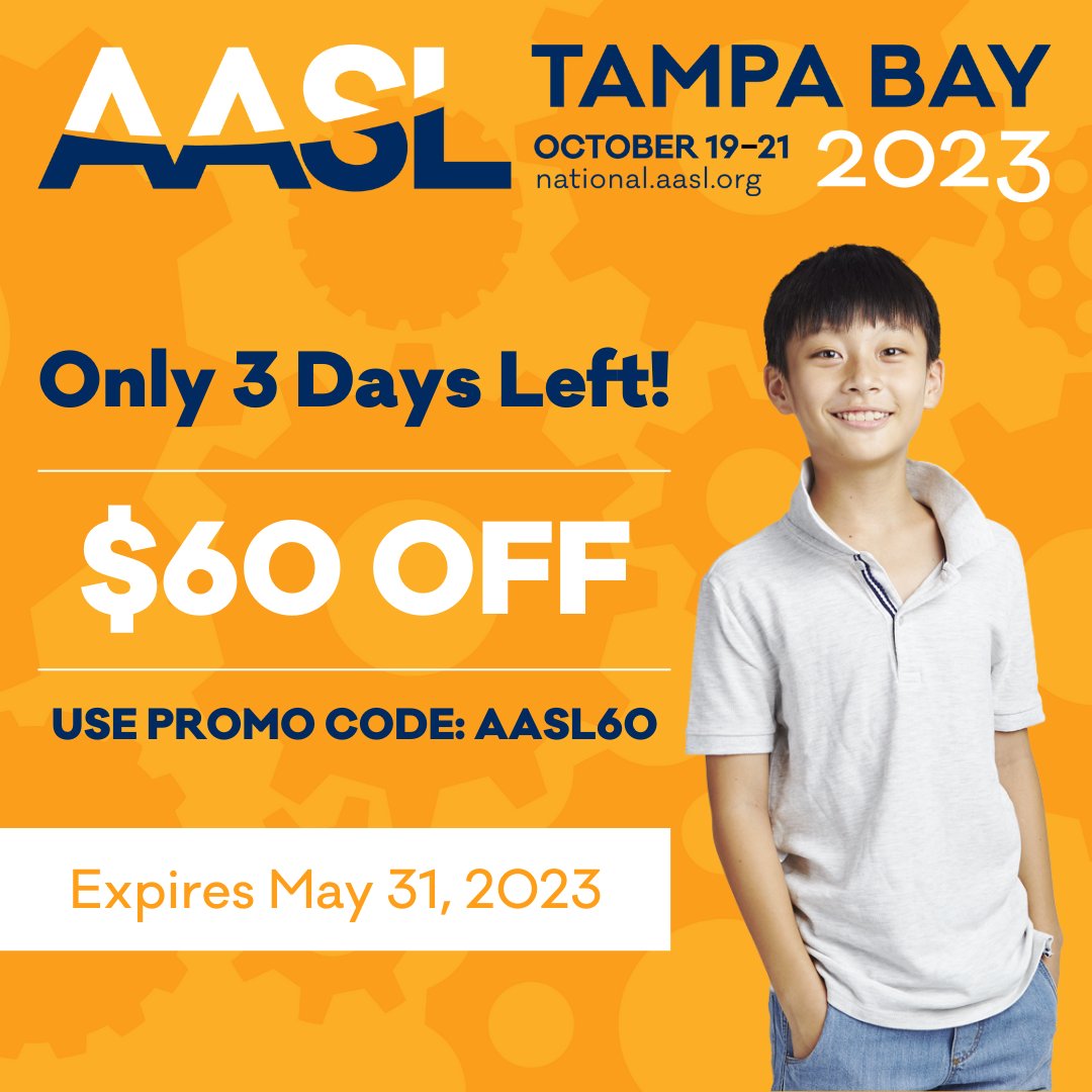 AASL (@aasl) on Twitter photo Three more days to use our AASL60 promo code on your #AASL23 registration! national.aasl.org Three more days to use our AASL60 promo code on your #AASL23 registration! national.aasl.org