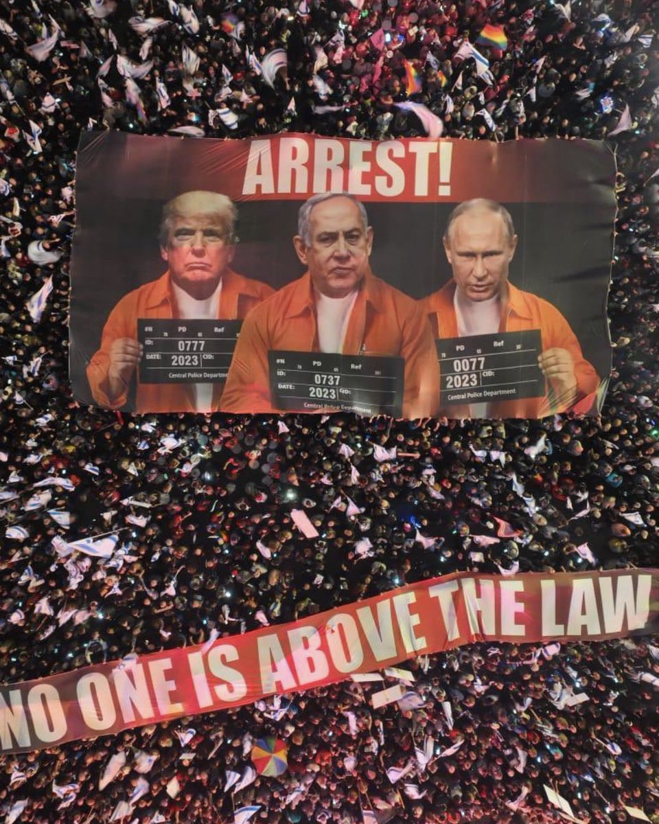 Citizens of Israel streamed into the streets today in Tel Aviv to protest against Netanyahu’s efforts to control the country’s judiciary.  He has just fired Israel’s Defense minister for not supporting his judicial reform plan. 

Protesters held up this banner with images of