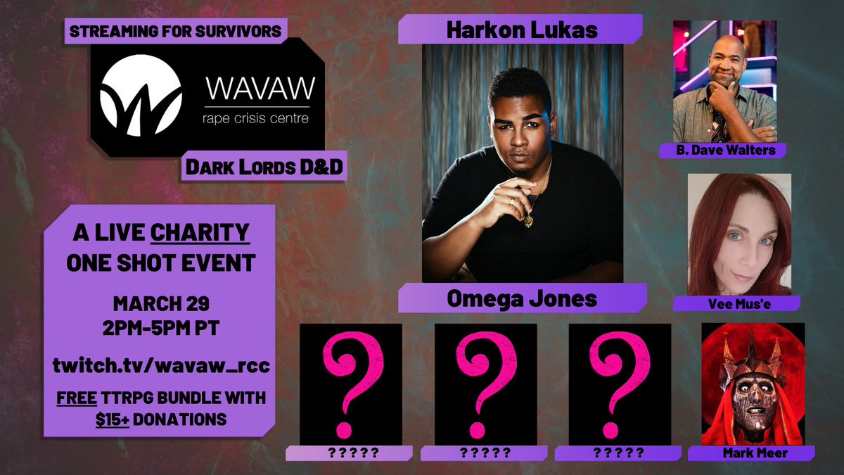 <a href="/BDaveWalters/">Non-Ironically T.V.'s B. Dave Walters - EVERYWHERE</a> <a href="/Vee_Muse/">Vee Mus'e 🎲🎮🖌️</a> <a href="/Mark_Meer/">Mark Meer</a> Joining the Dark Lords party will be the amazing Omega Jones AKA <a href="/CriticalBard/">CriticalBard</a> as Harkon Lukas! You can give Omega a draw from the deck of many things by donating to support survivors of sexual violence!
Donate: tiltify.com/@drinkingandsc…
Watch the stream: twitch.tv/wavaw_rcc