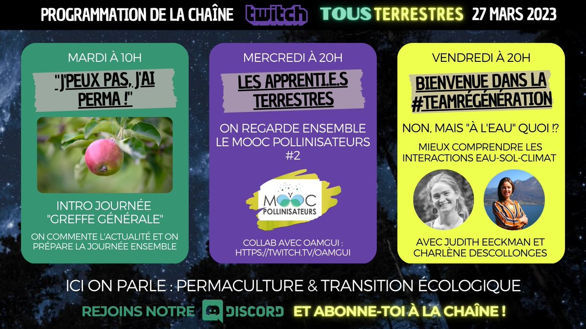 Cette semaine sur la chaîne #TousTerrestres, on parlera d'actualité, on préparera la journée de #greffegenerale avec @les_alveoles, on continuera le MOOC Pollinisateurs avec <a href="/Oam_Gui/">OamGui 💚</a> et on parlera d'eau vendredi en partenariat avec <a href="/PHRegenerative/">Pour une hydrologie régénérative</a> ! #teamregeneration