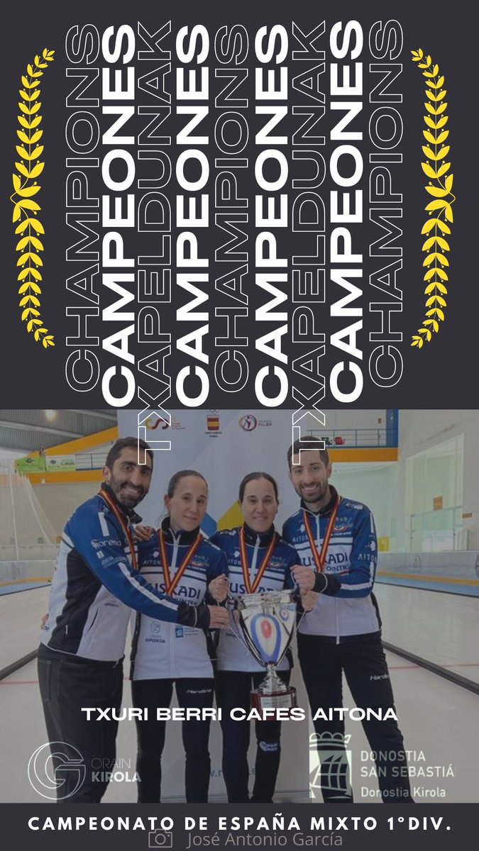 Txuri-Berri Cafés Aitona Campeón de España Mixto 1ª división 🏆 sexto título consecutivo de un total de 8 #Zorionak <a href="/SergioVez94/">Sergio Vez</a> <a href="/O_Otaegi/">Oihane Otaegi</a> <a href="/MikeluraSS/">Mikel Unanue</a> <a href="/leirotag/">Leire Otaegi</a> 🥌👫🏻👫🏻 #curling #curlingESP Urrezko #KirolTxartela