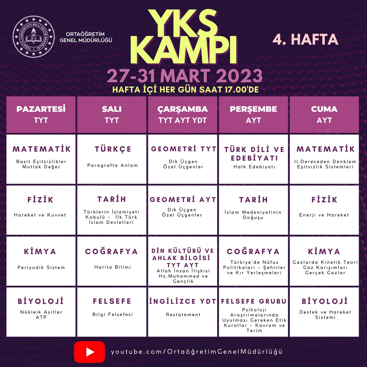 meb_ogm's tweet photo. YKS Kampında 27-31 Mart Haftası📢💻📹
Her gün saat 17.00'de YouTube Kanalımızda👇
https://t.co/0HRcoU2poH https://t.co/vYrc2as26P