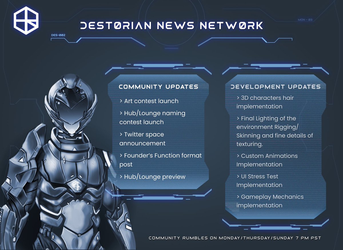 Good morning from the Destorian News Network. Here’s what to expect in the community next week, with a dev update from this last week of progress. 

The stress test is almost here 🛸

#mmorpg #destoria #unrealengine #destoriannewsnetwork #web3