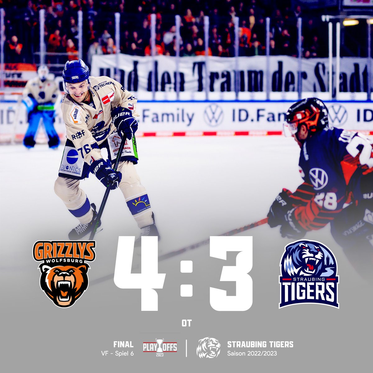 srtigersfans's tweet photo. SPIEL 7 am #Pulverturm muss entscheiden!
Die @straubingtigers verlieren Spiel 6 in Wolfsburg mit 4:3 nach Overtime.
Damit steht es in der Serie 3:3 und Spiel 7 muss her!
#WOBvsSTR | 4:3 n.V. | ENDSTAND | #WOBSTR
#tigershockey #straubing #pennydel #geilstezeit | VF 6 https://t.co/IrYtIixL7S
