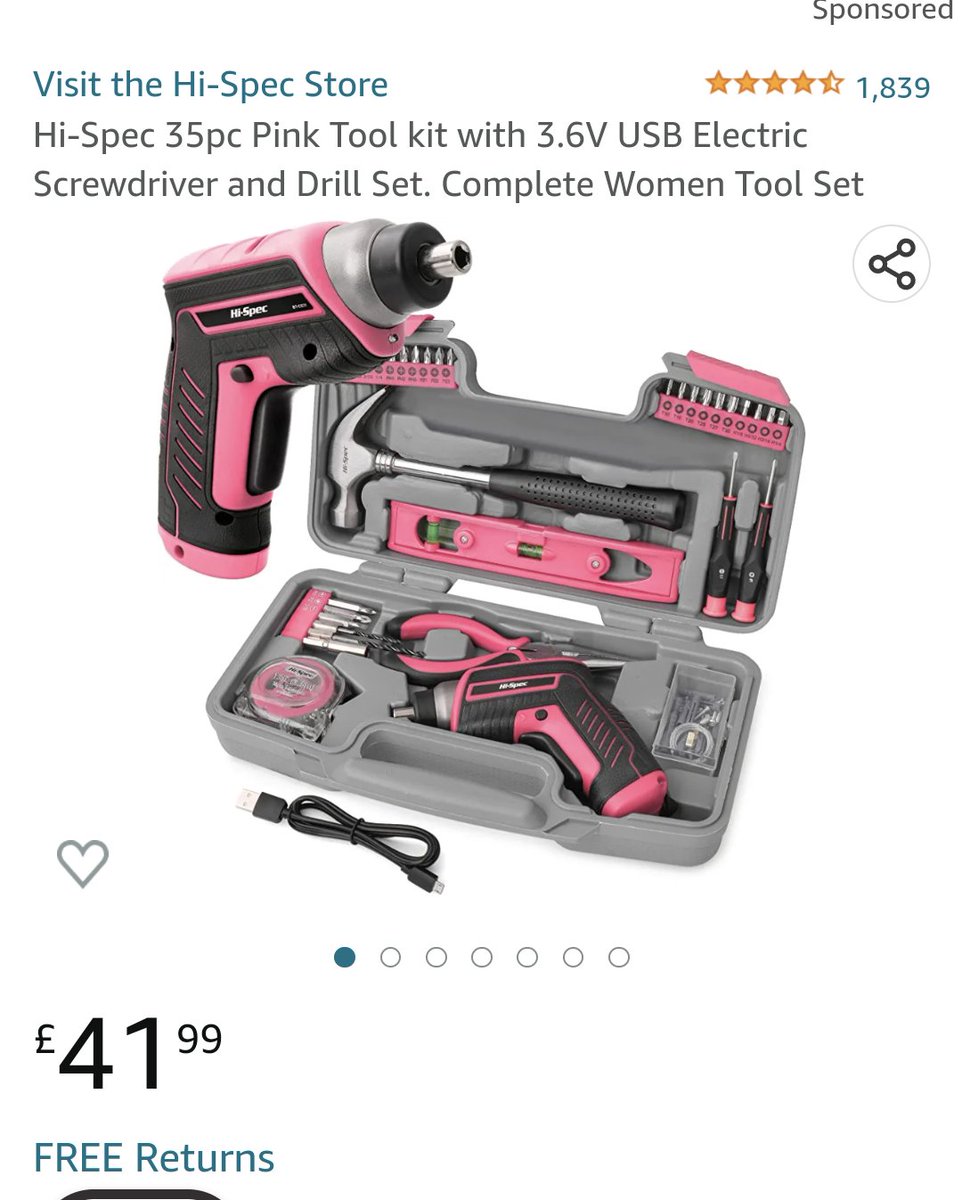 DaveMsaid's tweet photo. Same cheap set of tools, same seller. However the "Women's tool set" which, of course, is in Pink costs an extra 2 quid (or 5%). Pointlessly gendered. https://t.co/2l1xiiWgxm