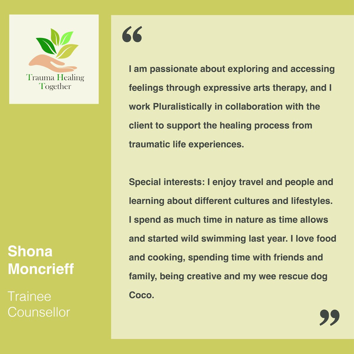 🙌 Meet the team 🙌

Hope everyone had a great week! Today, let’s meet our lovely trainee counsellor Shona!❤️

#traumahealing #traumarecovery #charity #psychology #trauma #healing #healingtrauma #positivevibes #charityorganization #mentalhealth #mentalhealthawareness