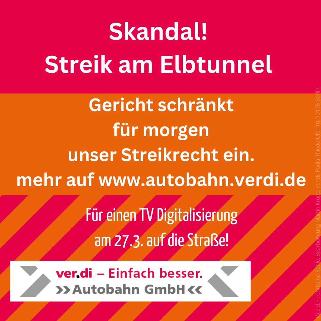 Für Bauarbeiten kann der Elbtunnel tagelang gesperrt werden aber wenn gestreikt wird, muss er offen bleiben?
Das geht gar nicht!
#zusammengehtmehr #verdi