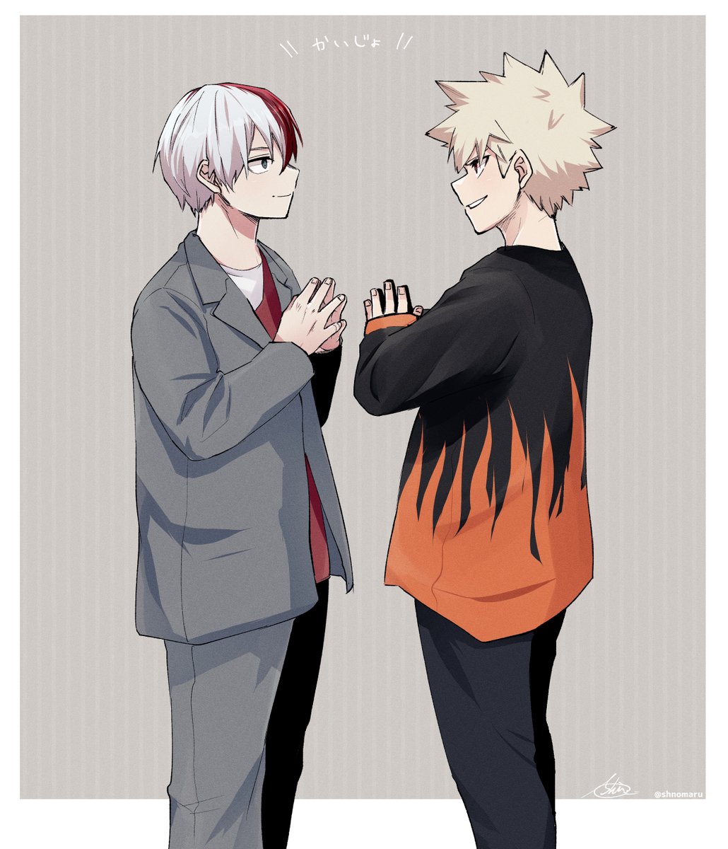 bakugou katsuki ,todoroki shouto multiple boys 2boys red hair male focus blonde hair two-tone hair white hair  illustration images