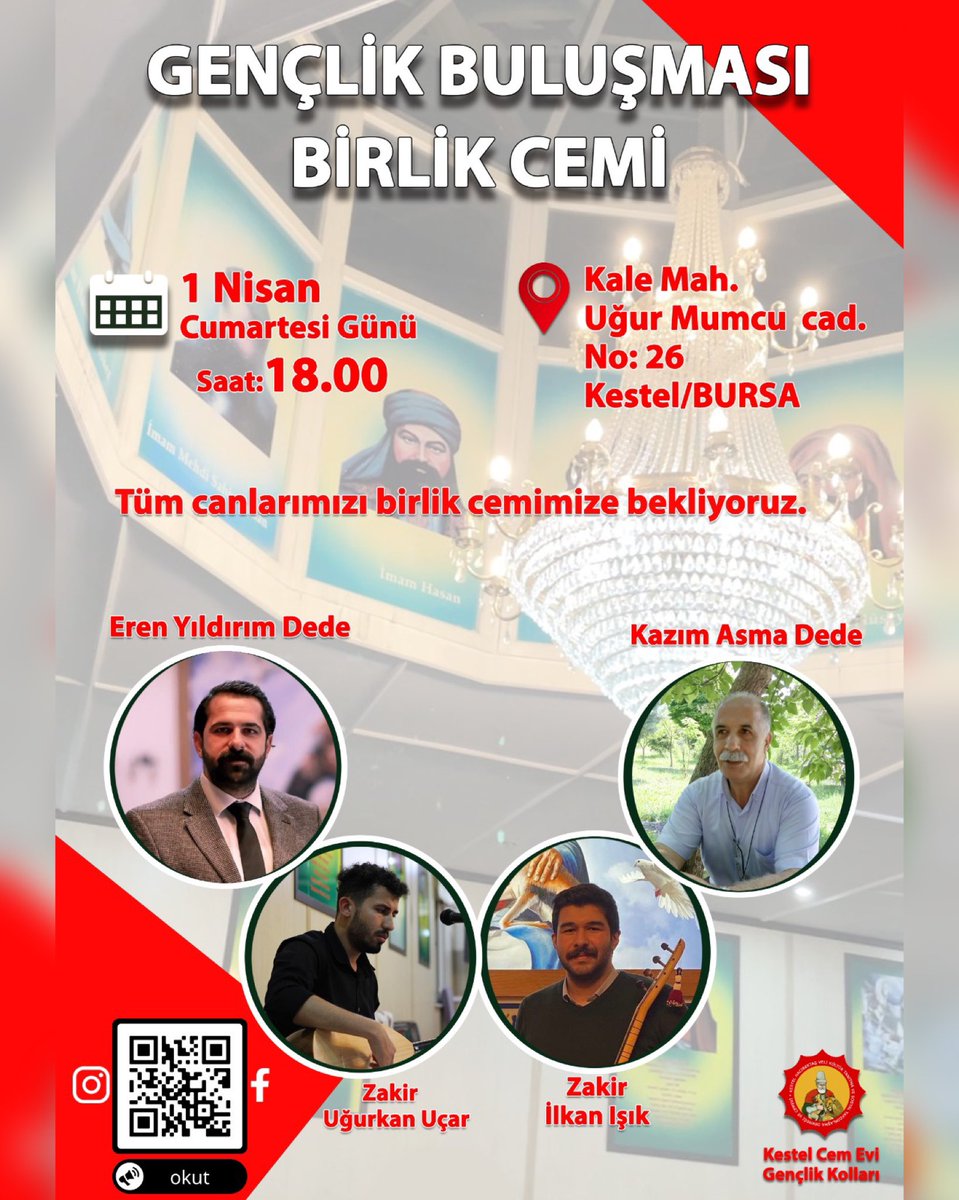 Tüm gençlerimiz, canlarımız davetlidir.

#Kestelcemevi
@erenndede 
<a href="/ugurkan_ucar/">Uğurkan Uçar</a>
