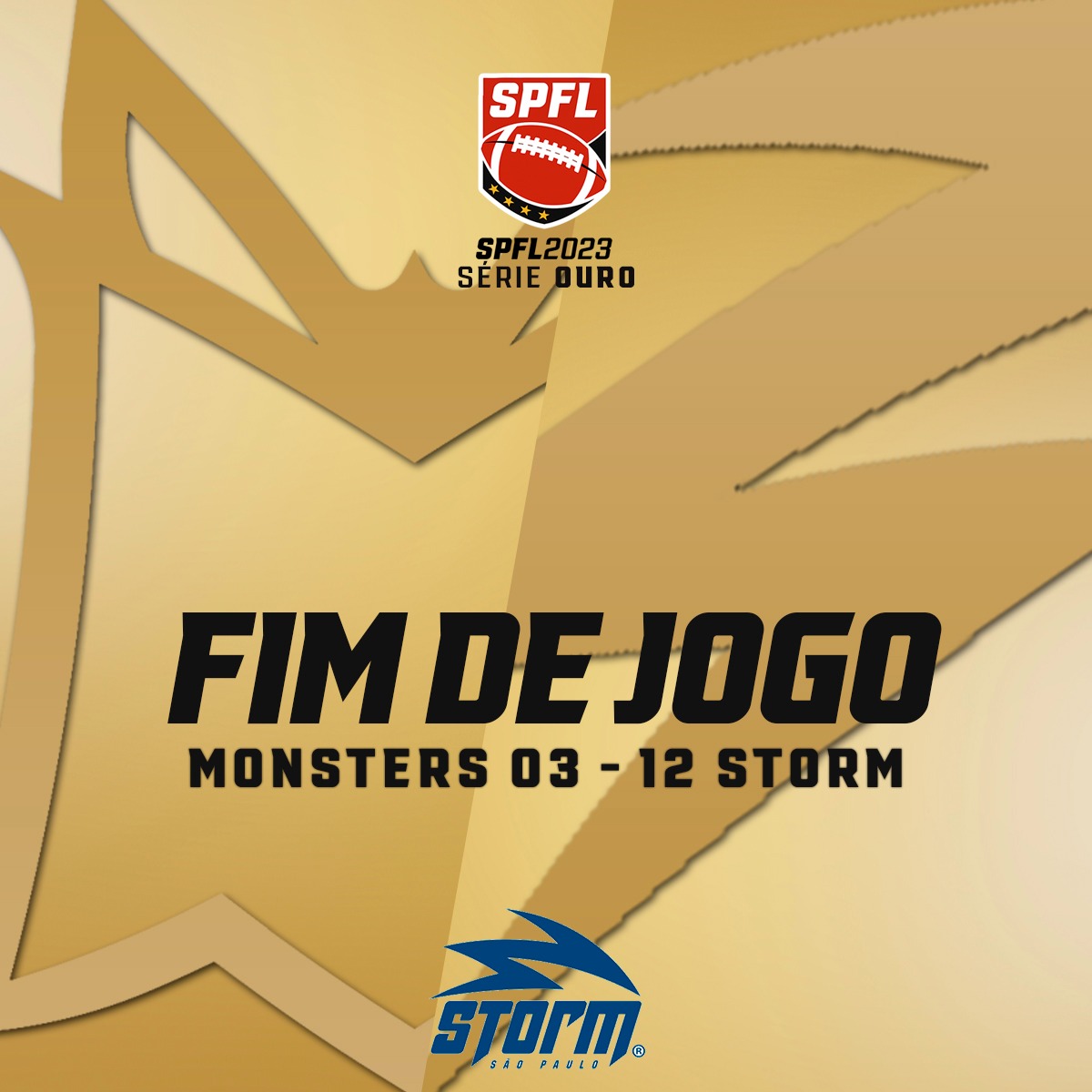 Fim de jogo no Tatuapé!

O São Paulo Storm estreou na Série Ouro com vitória diante do Tatuapé Monsters pelo placar de 12-03.

Bom início de temporada da Tempestade!