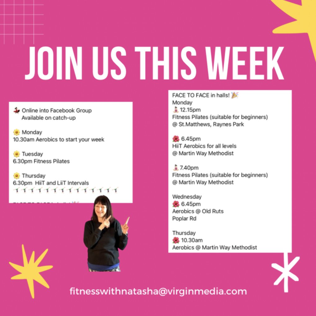 NatashaMurray37's tweet photo. Below is my full week of #fitness #pilates &amp; #aerobics #classes #ONLINE &amp; IN HALLS!! Please contact me to join up, it's fun!! fitnesswithnatasha@virginmedia.com https://t.co/cZnN6Me42t 
@WimbledonScene @WimbledonNews @MyWimbledonApp @WestWimbledon @MertonConnected @ladywimbledon https://t.co/IBWru23PkN