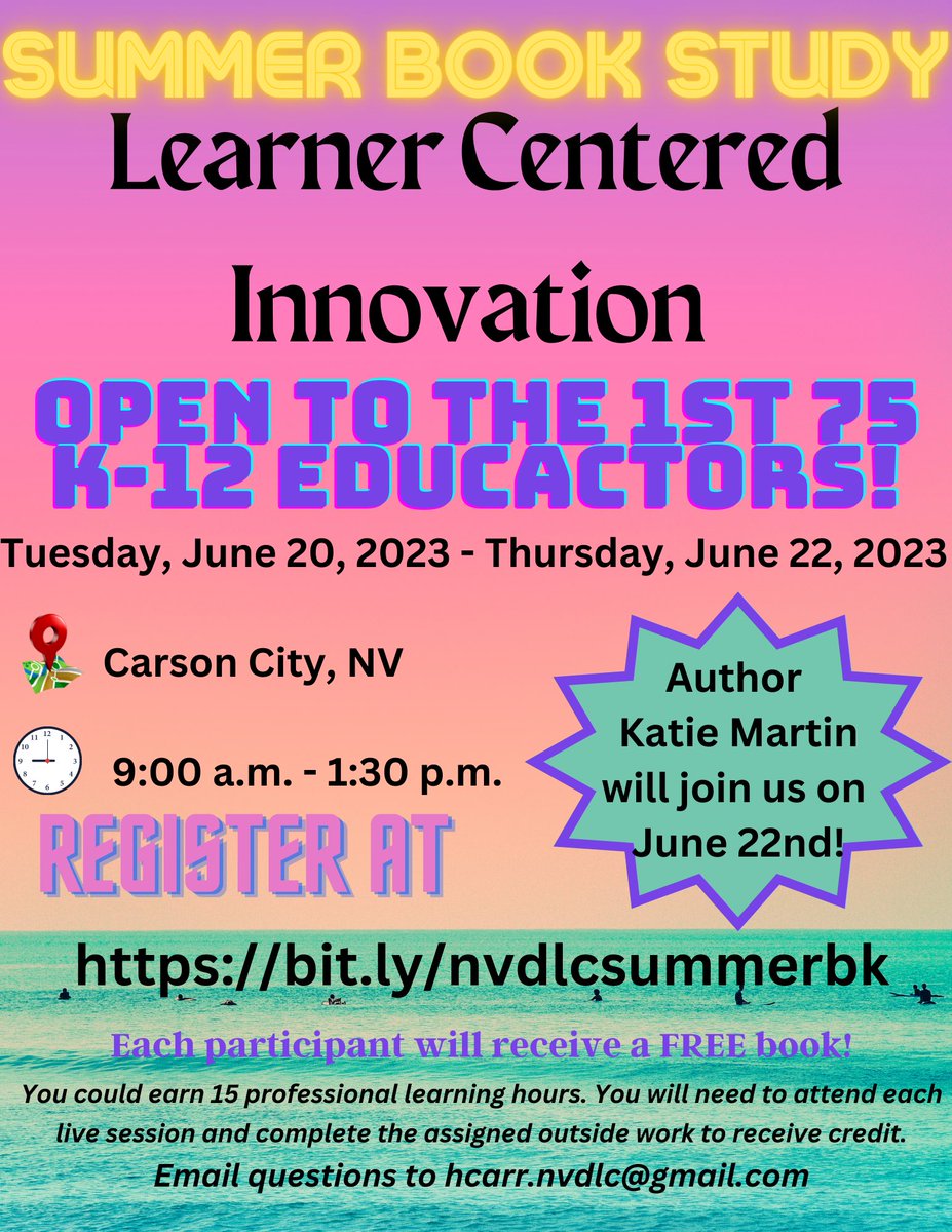 Join us for our in-person book study this summer! We are excited to have author @katiemartinedu join us! 

 🗓️ June 20th - June 22, 2023

🕰️ Each day from 9:00am - 1:30pm

📍Carson City, NV

📲 Register at bit.ly/nvdlcsummerbk

#nvdlc #weareWCSD #lyoncsd #nvside