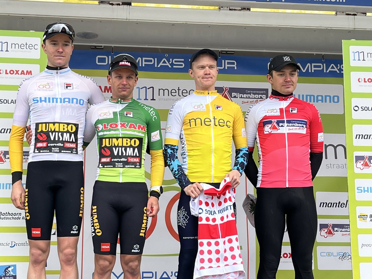 OlympiasTour's tweet photo. 🚴‍♂️De winnaars van de truien op het podium
🟡 #Metec Mathias Bregnhoj🇩🇰
🟢 @LoxamNL @LarsBoven🇳🇱
⚪️ @ShimanoROAD Jesse Kramer🇳🇱
⛰️ @solarwattnl Mathias Bregnhoj🇩🇰
🔴 #CaravanexpertPijnenborg @JackRootkinGray🇬🇧 

Gefeliciteerd allemaal🎉

#OT2023 https://t.co/YNJikO6ADO