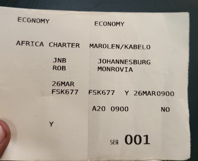 rsaembliberia's tweet photo. #SouthAfrica-#Liberia #football. Pleasing to see a boarding pass of a direct chartered flight, #Johannesburg to #Monrovia! Good news for sports diplomacy!  Safe travels team @BafanaBafana &amp; the @SABCNews TV Crew, to cover this 1st Liberia CAF/ FIFA internationally approved match! https://t.co/sQVWYjbI56