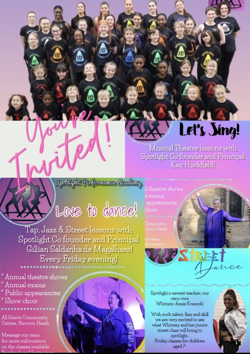 💜🌟Do you want to dance? - or sing? 
Join Spotlight Performance Academy
We’re opening our doors to new members on 21st April, 
Classes for all ages Tap, Jazz, Musical Theatre &amp; Street dance 
Based in Newton Heath, Manchester 
Find us on Facebook &amp; msg our page for more details!